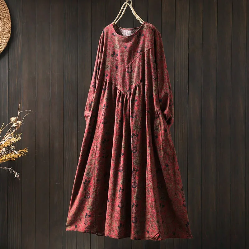 Women Spring Retro Cotton-Linen Printed Blossom Maxi Dress