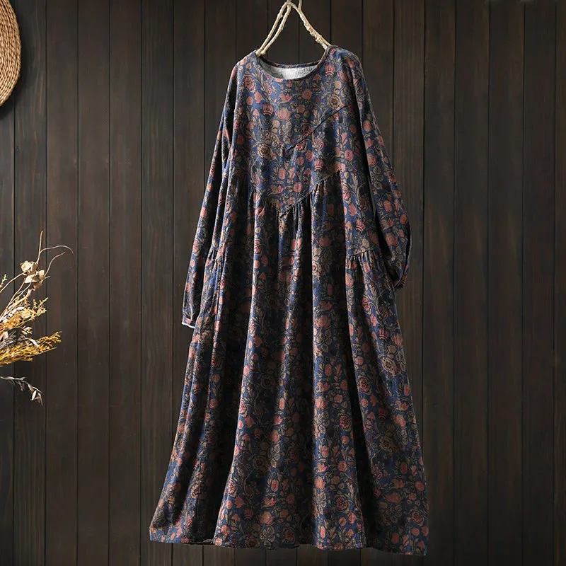 Women Spring Retro Cotton-Linen Printed Blossom Maxi Dress