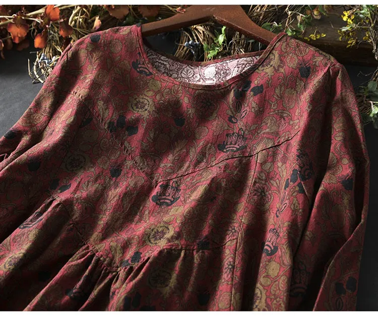 Women Spring Retro Cotton-Linen Printed Blossom Maxi Dress