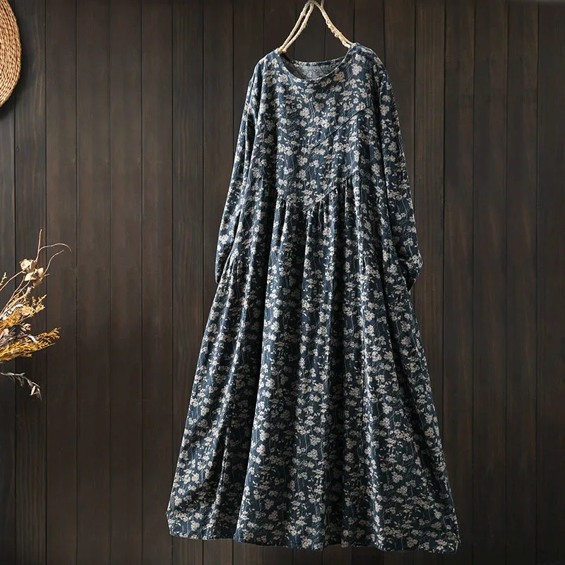Women Spring Retro Cotton-Linen Printed Floral A-Line Dress