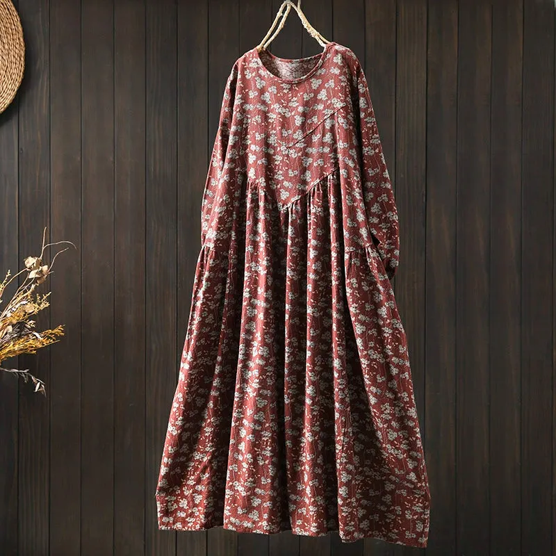 Women Spring Retro Cotton-Linen Printed Floral A-Line Dress