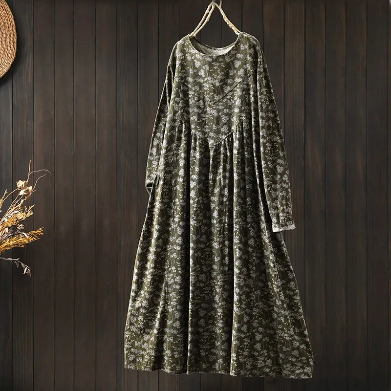 Women Spring Retro Cotton-Linen Printed Floral A-Line Dress