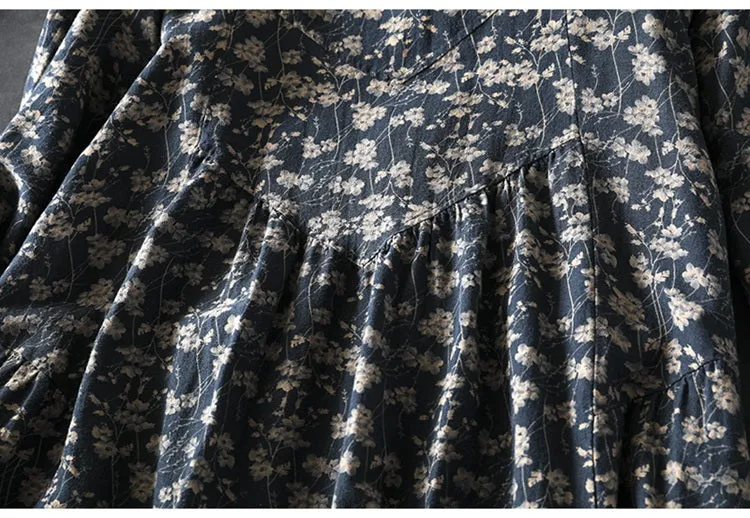 Women Spring Retro Cotton-Linen Printed Floral A-Line Dress