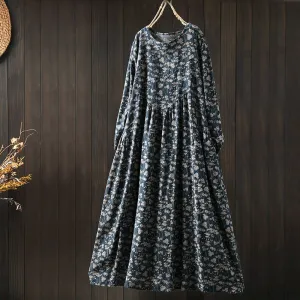 Women Spring Retro Cotton-Linen Printed Floral A-Line Dress