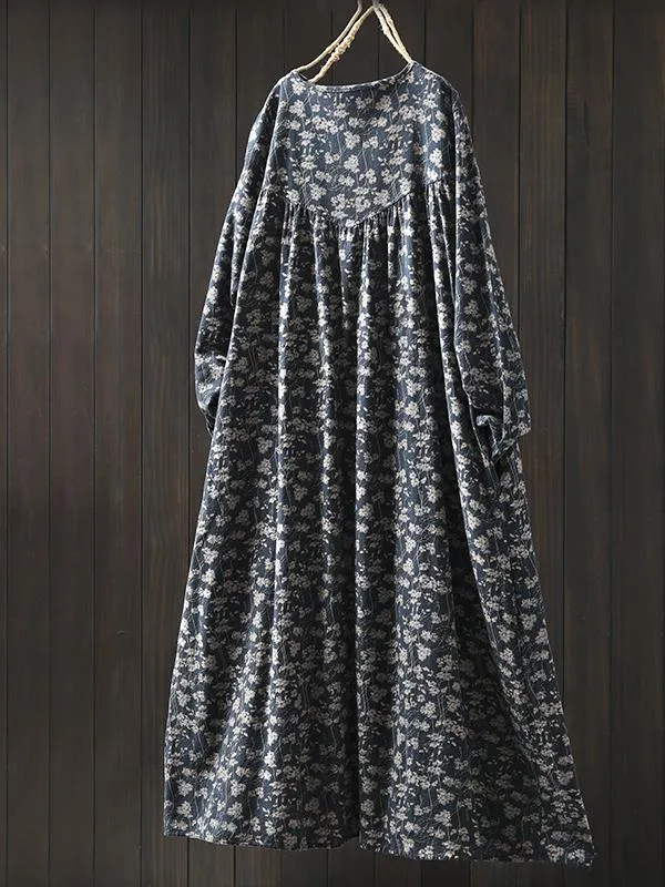 Women Spring Retro Cotton-Linen Printed Floral A-Line Dress