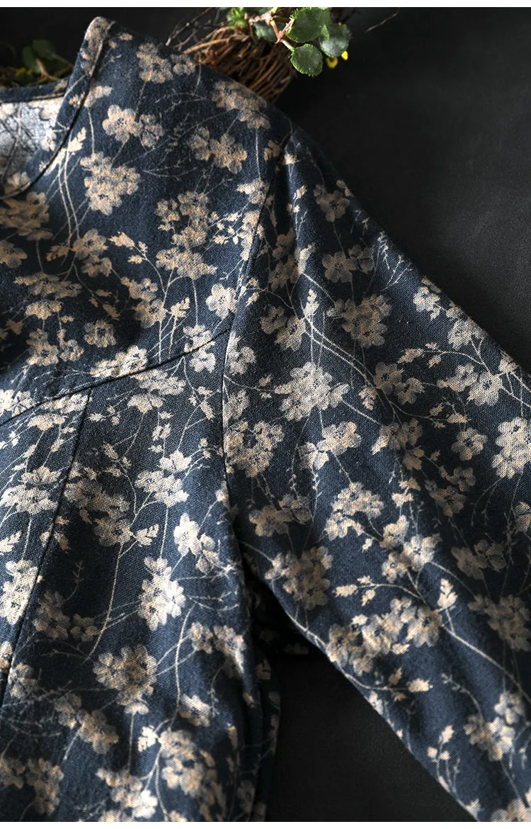 Women Spring Retro Cotton-Linen Printed Floral A-Line Dress