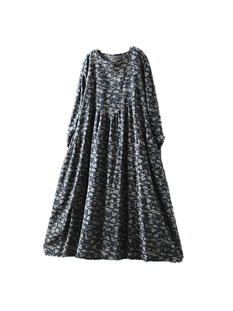 Women Spring Retro Cotton-Linen Printed Floral A-Line Dress