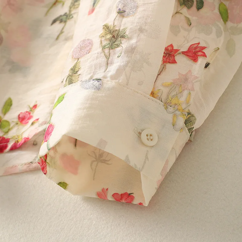 Women Spring Retro Cotton-Linen Printed Floral Long Sleeve Blouse