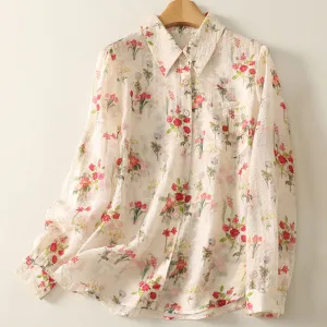 Women Spring Retro Cotton-Linen Printed Floral Long Sleeve Blouse