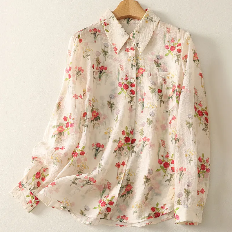 Women Spring Retro Cotton-Linen Printed Floral Long Sleeve Blouse