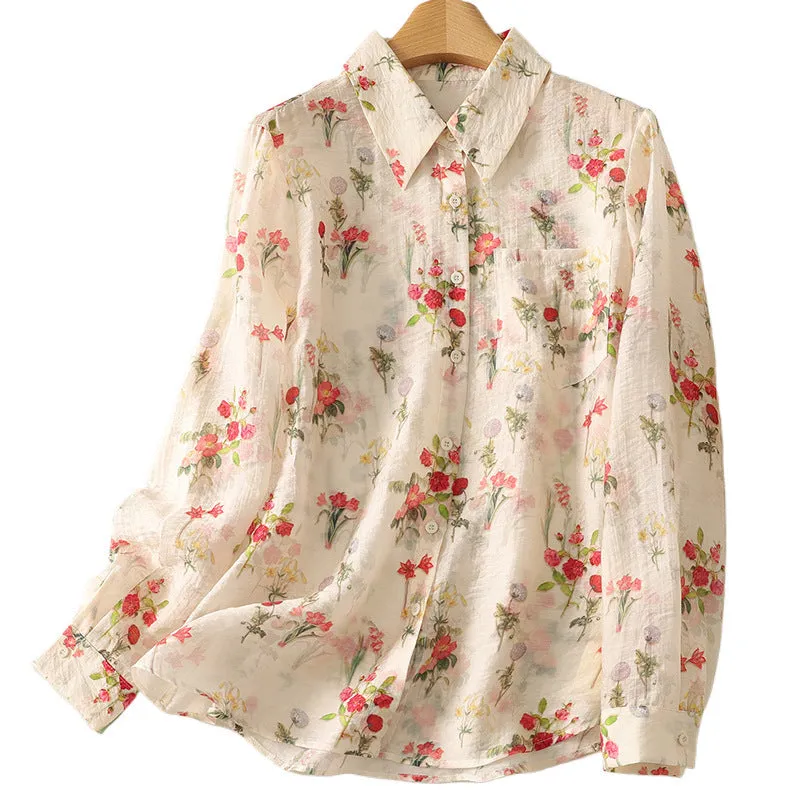 Women Spring Retro Cotton-Linen Printed Floral Long Sleeve Blouse