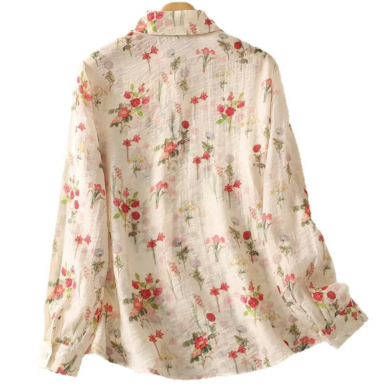 Women Spring Retro Cotton-Linen Printed Floral Long Sleeve Blouse