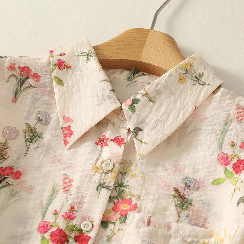 Women Spring Retro Cotton-Linen Printed Floral Long Sleeve Blouse
