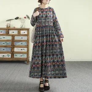 Women Spring Retro Cotton-Linen Printed Long Sleeve Dress