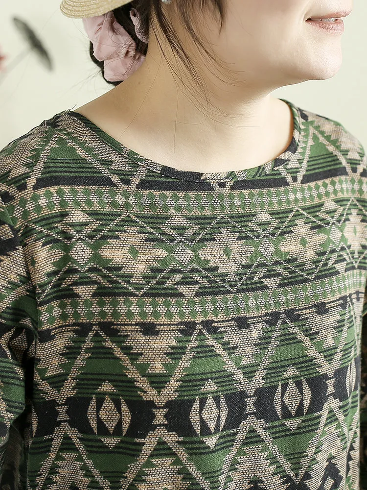 Women Spring Retro Cotton-Linen Printed Long Sleeve Dress