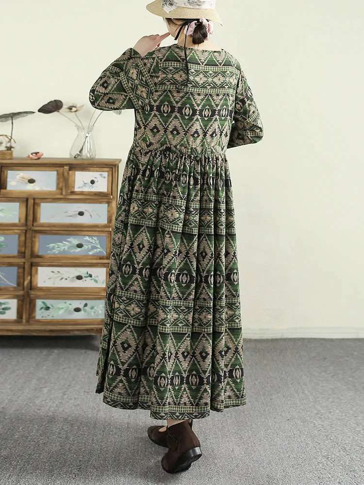 Women Spring Retro Cotton-Linen Printed Long Sleeve Dress