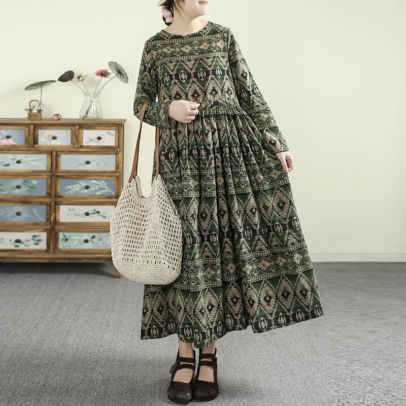 Women Spring Retro Cotton-Linen Printed Long Sleeve Dress