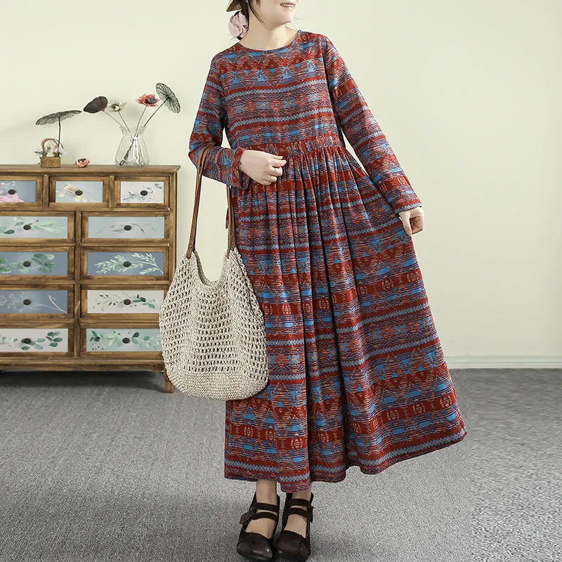 Women Spring Retro Cotton-Linen Printed Long Sleeve Dress