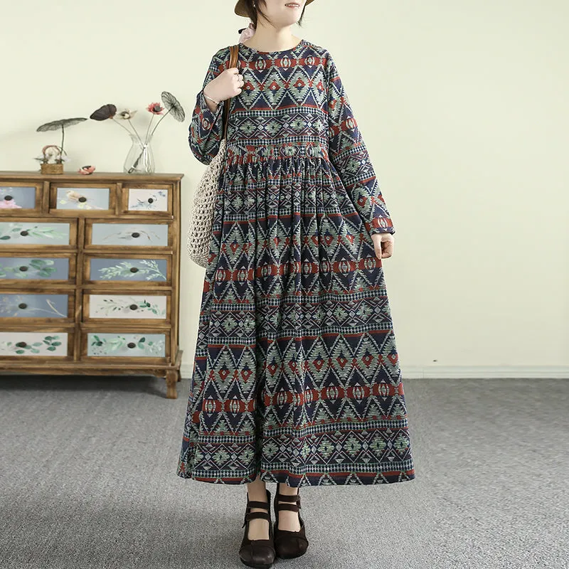 Women Spring Retro Cotton-Linen Printed Long Sleeve Dress