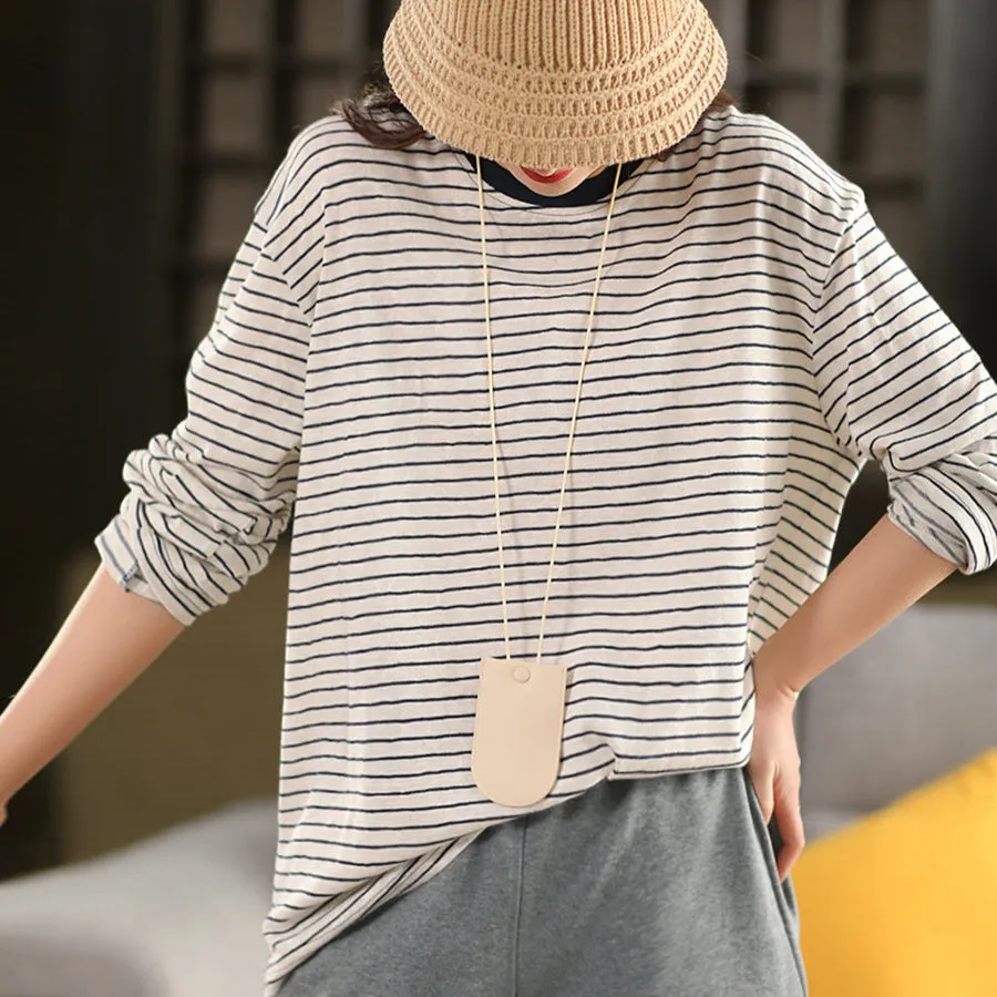 Women Spring Retro Cotton Striped Long Sleeve Shirt
