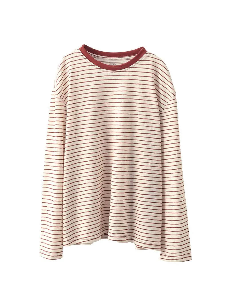 Women Spring Retro Cotton Striped Long Sleeve Shirt