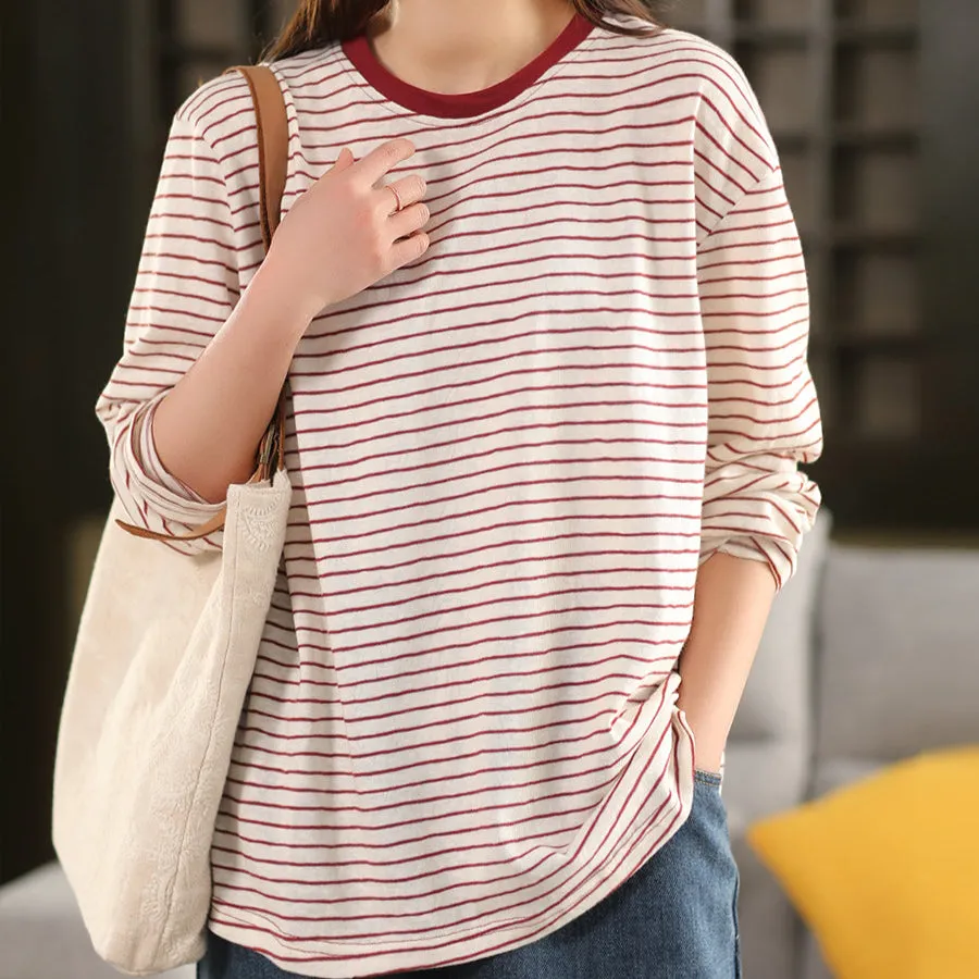 Women Spring Retro Cotton Striped Long Sleeve Shirt
