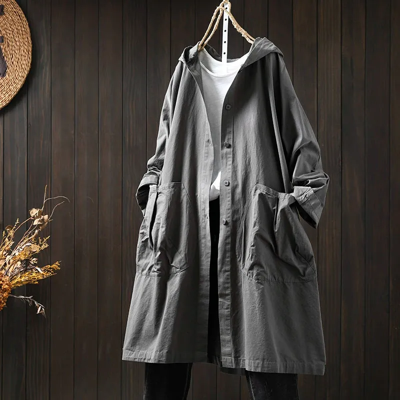 Women Spring Retro Pure Cotton Hooded Coat with Pockets