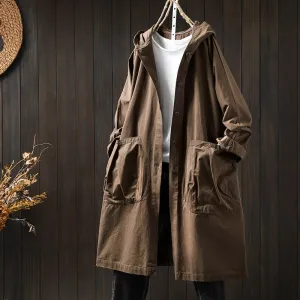 Women Spring Retro Pure Cotton Hooded Coat with Pockets