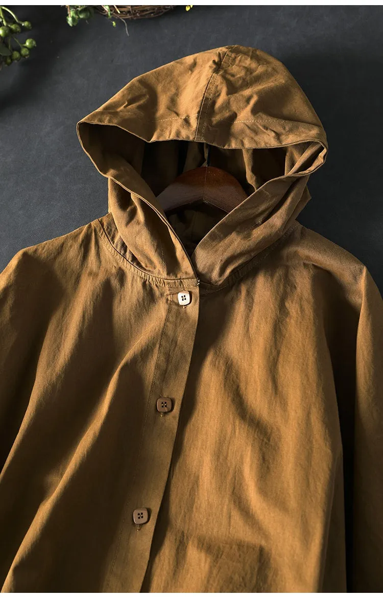 Women Spring Retro Pure Cotton Hooded Coat with Pockets
