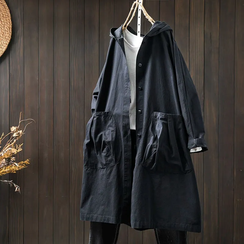 Women Spring Retro Pure Cotton Hooded Coat with Pockets