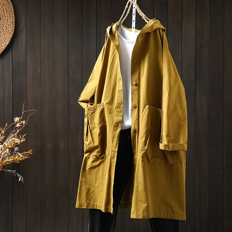 Women Spring Retro Pure Cotton Hooded Coat with Pockets