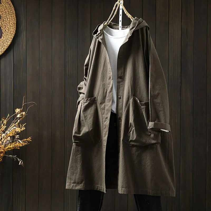 Women Spring Retro Pure Cotton Hooded Coat with Pockets