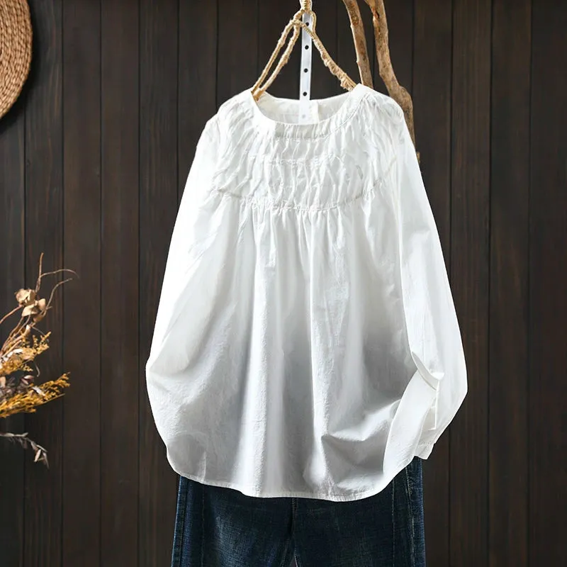 Women Spring Retro Pure Cotton Solid Color Long Sleeve Shirt