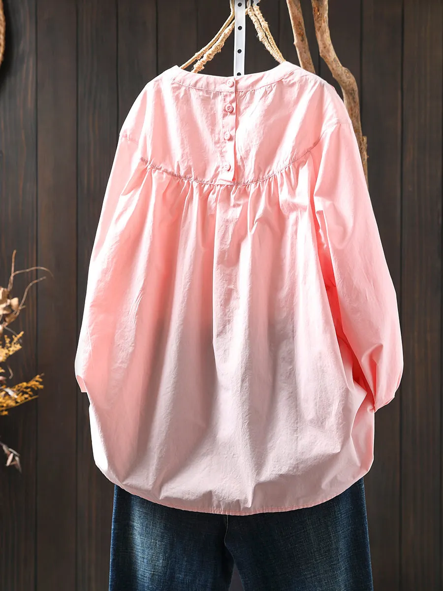 Women Spring Retro Pure Cotton Solid Color Long Sleeve Shirt