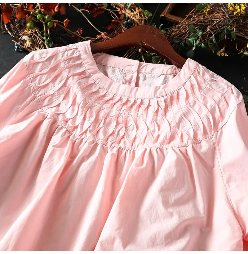 Women Spring Retro Pure Cotton Solid Color Long Sleeve Shirt