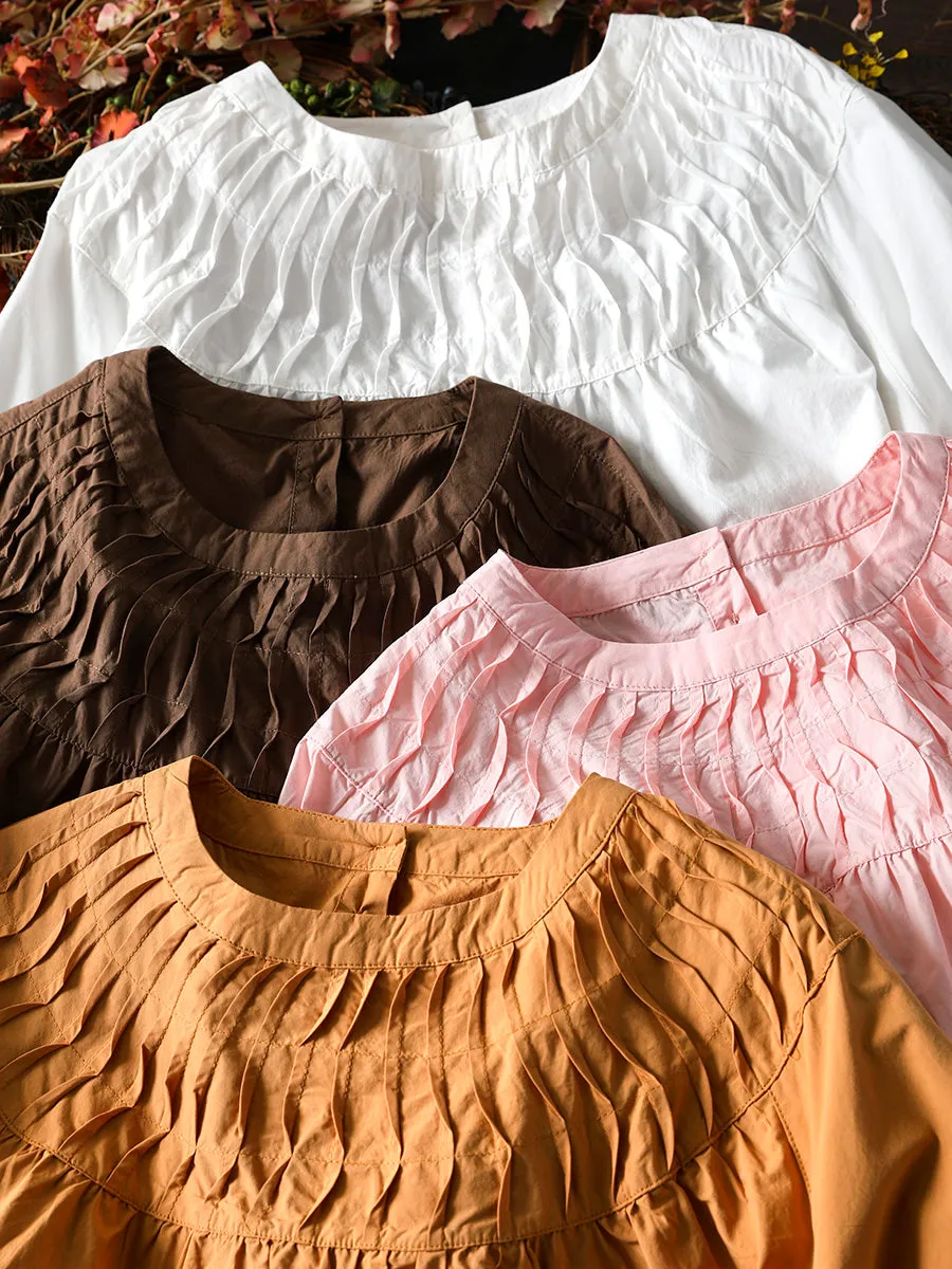 Women Spring Retro Pure Cotton Solid Color Long Sleeve Shirt