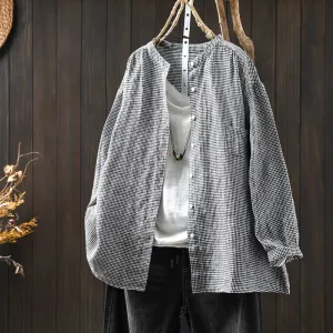Women Spring Retro Pure Linen Plaid Long Sleeve Blouse