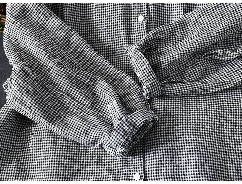 Women Spring Retro Pure Linen Plaid Long Sleeve Blouse