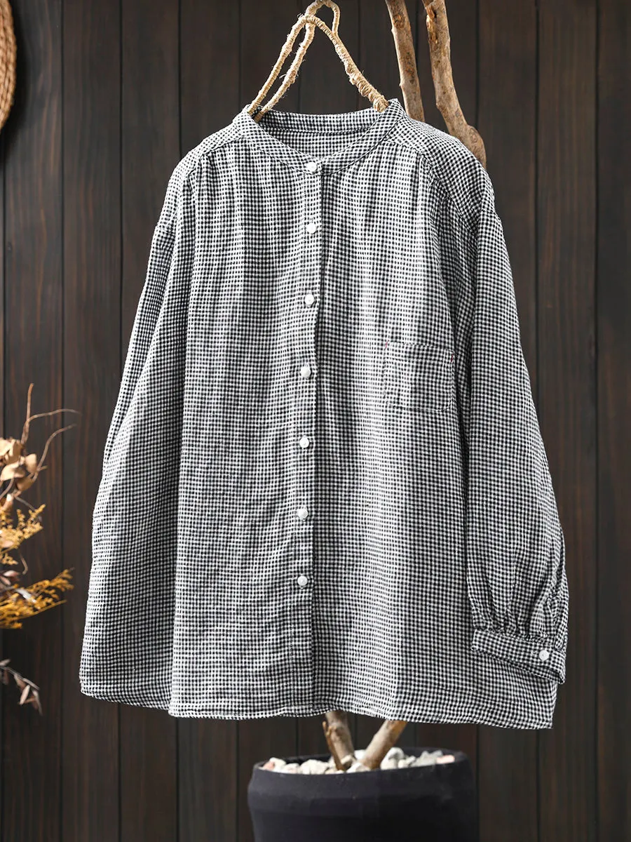 Women Spring Retro Pure Linen Plaid Long Sleeve Blouse