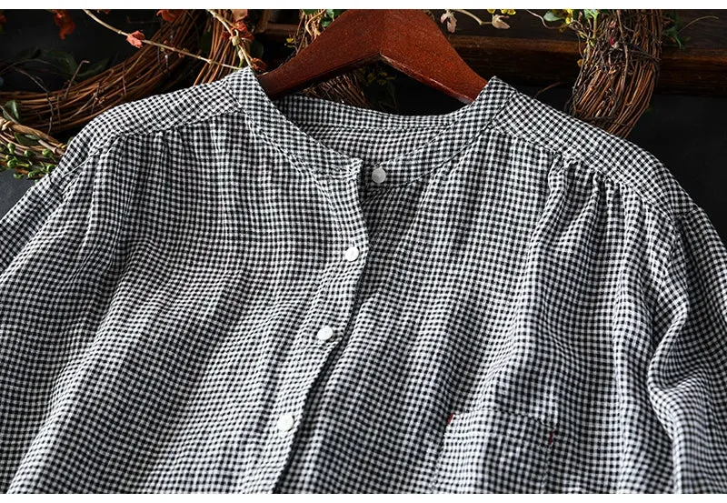 Women Spring Retro Pure Linen Plaid Long Sleeve Blouse