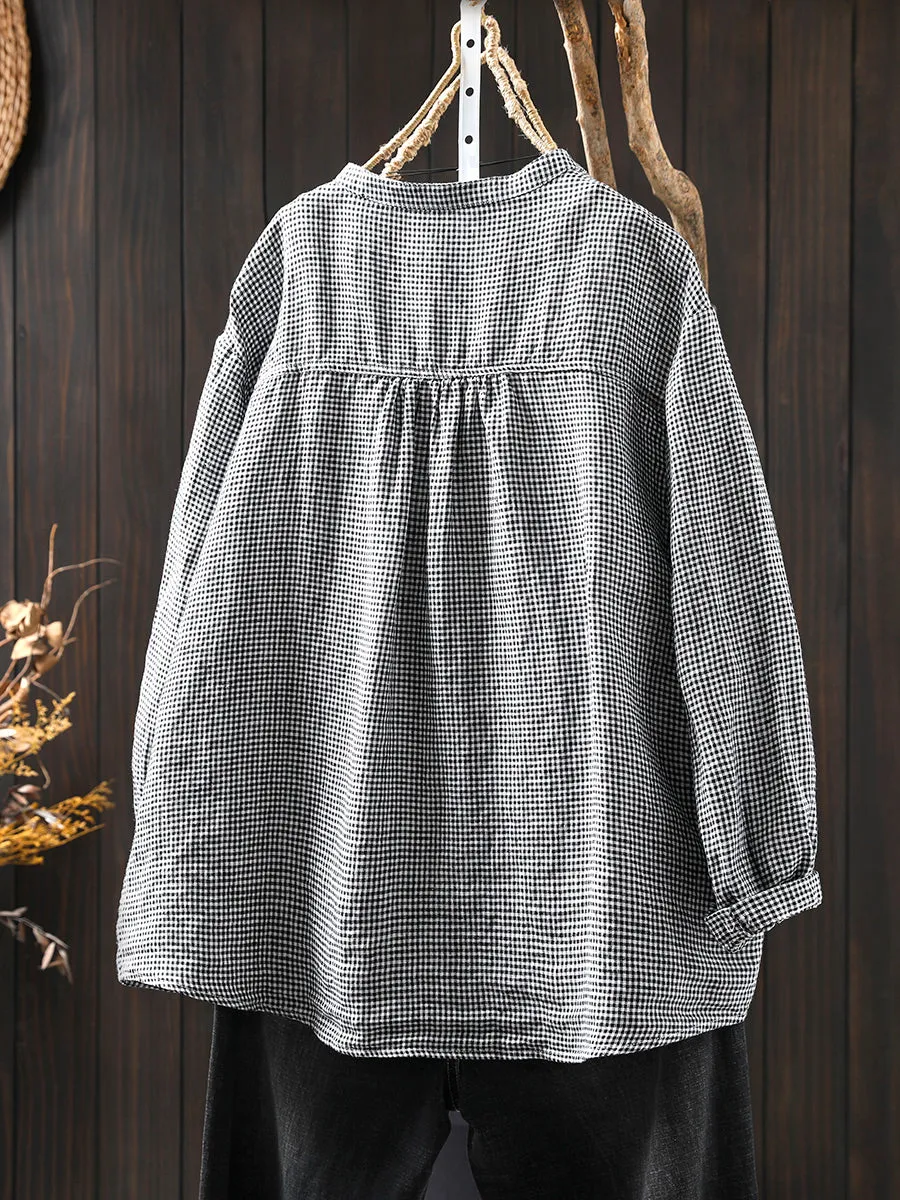 Women Spring Retro Pure Linen Plaid Long Sleeve Blouse