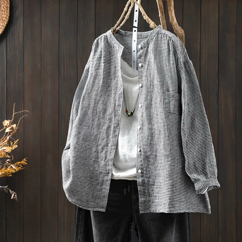 Women Spring Retro Pure Linen Plaid Long Sleeve Blouse
