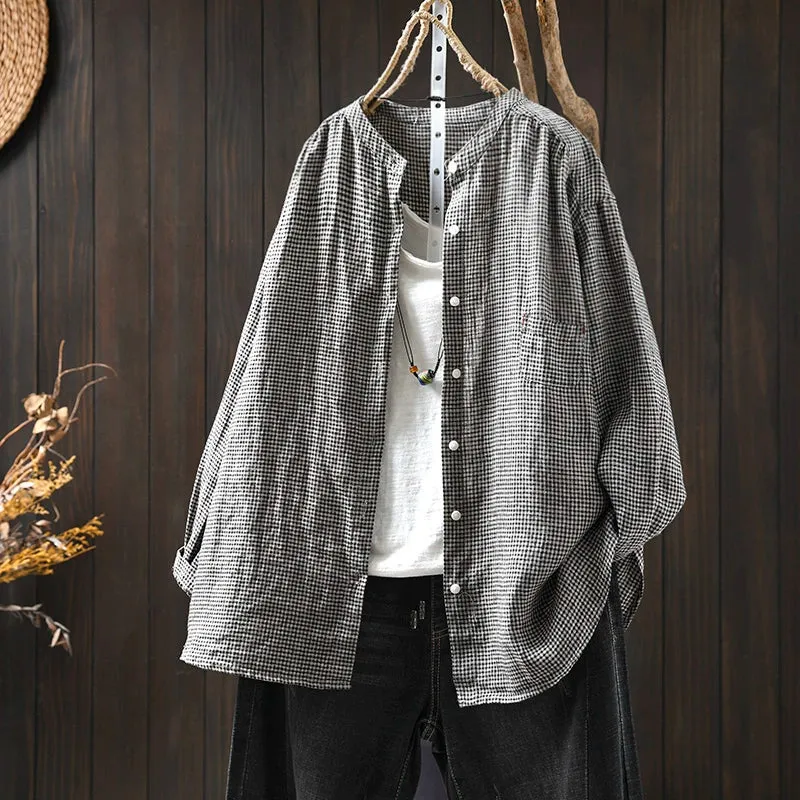 Women Spring Retro Pure Linen Plaid Long Sleeve Blouse