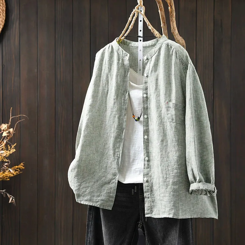 Women Spring Retro Pure Linen Plaid Long Sleeve Blouse