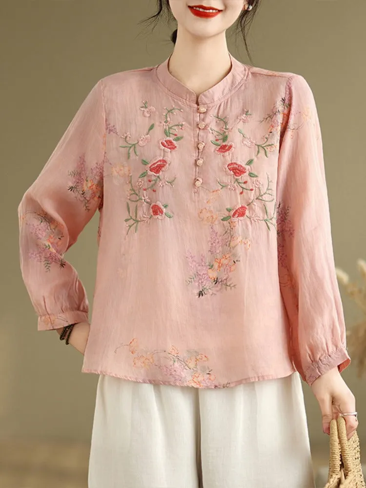 Women Spring Retro Ramie Embroidered Stand Collar Blouse