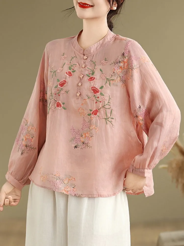 Women Spring Retro Ramie Embroidered Stand Collar Blouse