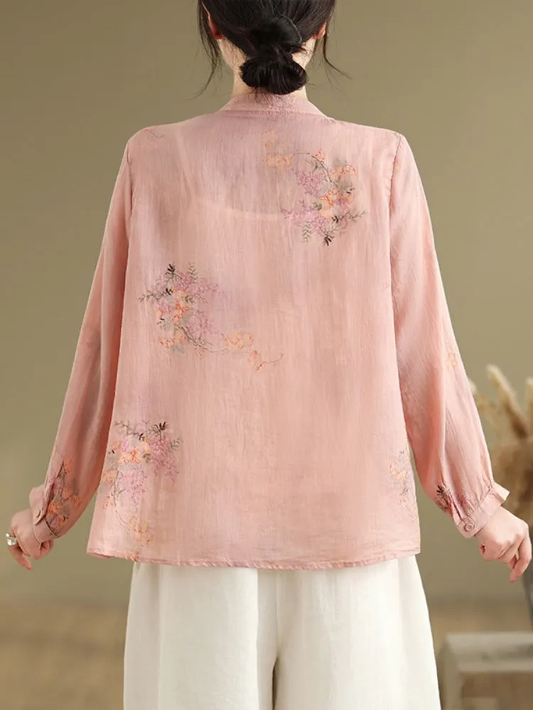 Women Spring Retro Ramie Embroidered Stand Collar Blouse