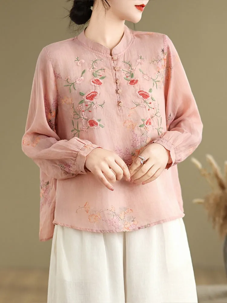 Women Spring Retro Ramie Embroidered Stand Collar Blouse