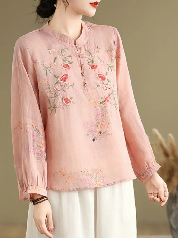 Women Spring Retro Ramie Embroidered Stand Collar Blouse