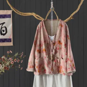 Women Spring Vintage Chinese-Style Cotton Blouse with Floral Print